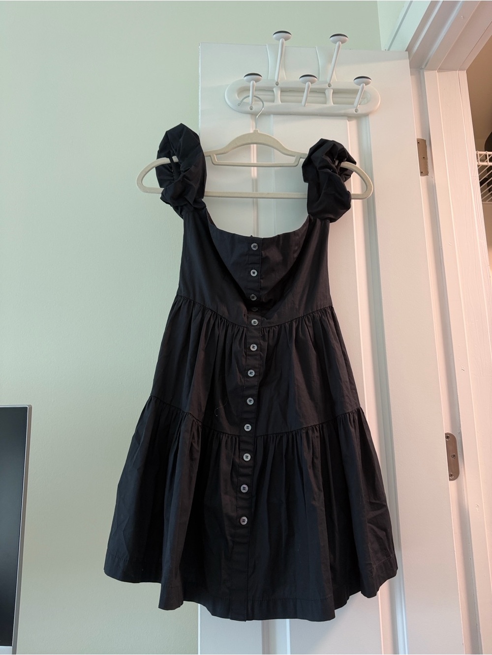 STAUD Black Ruffle-Strap Button-Front Mini Dress